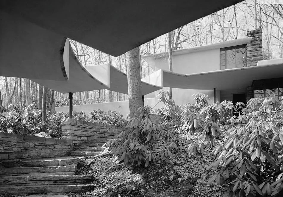 Cantilevered concrete structure in bare woodland